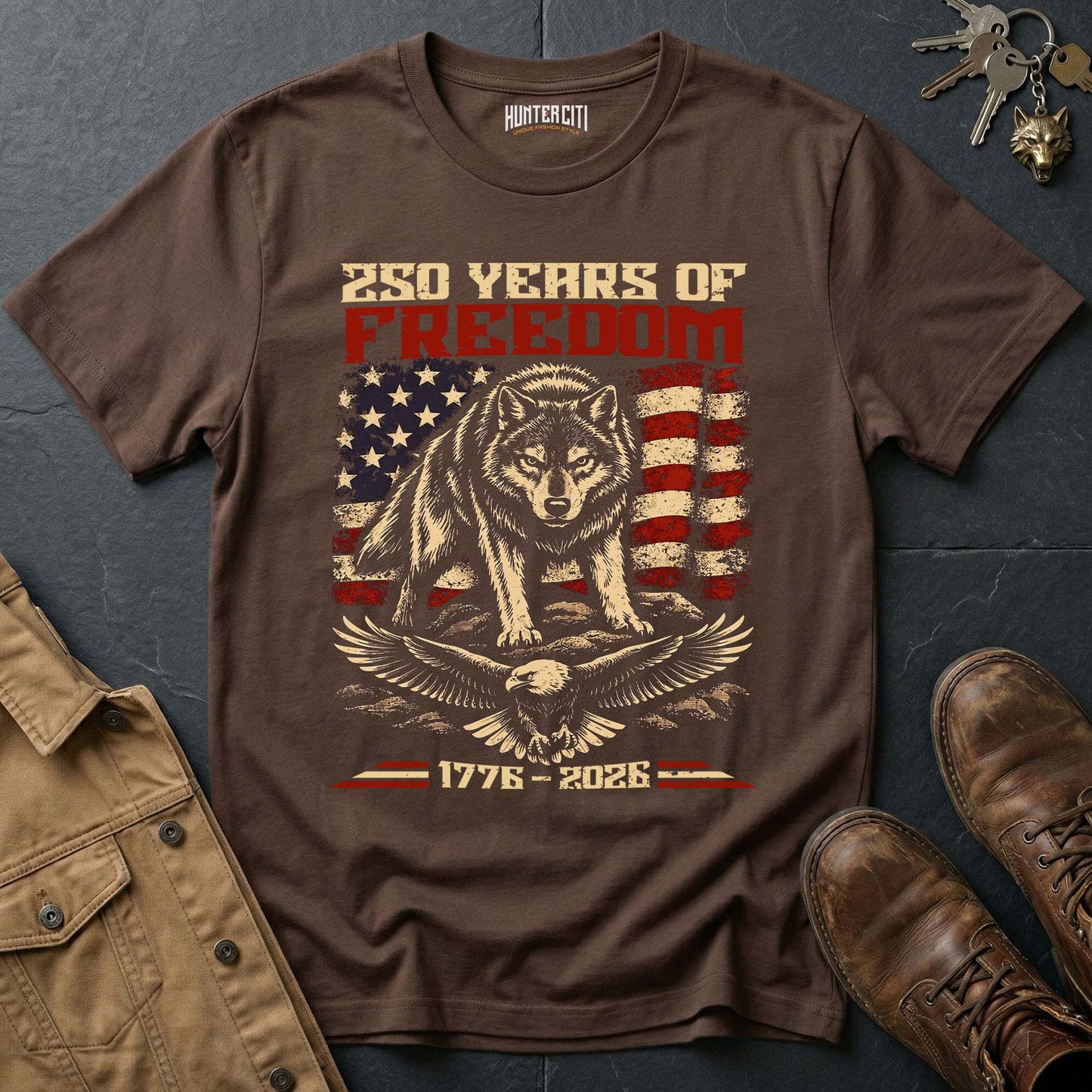 250 Years of Freedom Wolf Eagle Landscape T-Shirt America 1776 2026 Patriotic Anniversary Wolf Graphic Tee USA