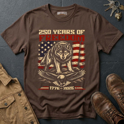 250 Years of Freedom Wolf Eagle Landscape T-Shirt America 1776 2026 Patriotic Anniversary Wolf Graphic Tee USA