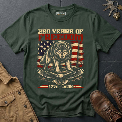 250 Years of Freedom Wolf Eagle Landscape T-Shirt America 1776 2026 Patriotic Anniversary Wolf Graphic Tee USA