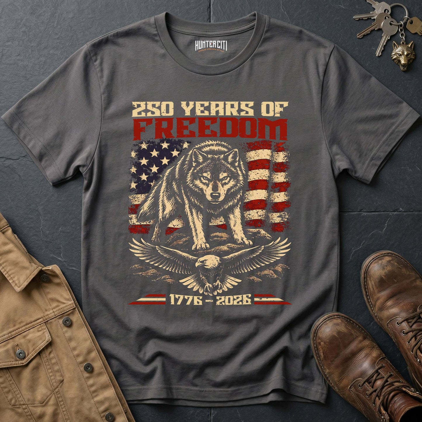 250 Years of Freedom Wolf Eagle Landscape T-Shirt America 1776 2026 Patriotic Anniversary Wolf Graphic Tee USA