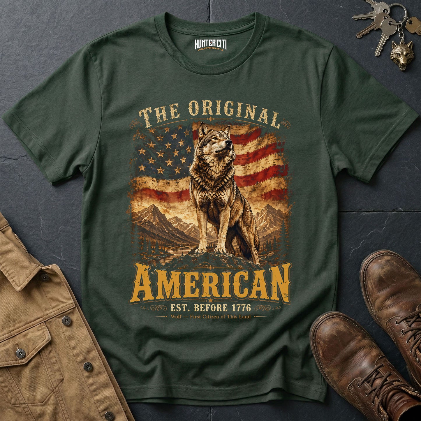 The Original American Wolf T-Shirt Est Before 1776 Patriotic Heritage Wolf Graphic Tee USA Gift for Men Women