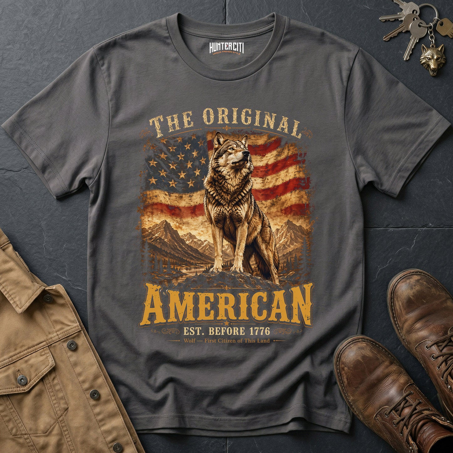 The Original American Wolf T-Shirt Est Before 1776 Patriotic Heritage Wolf Graphic Tee USA Gift for Men Women