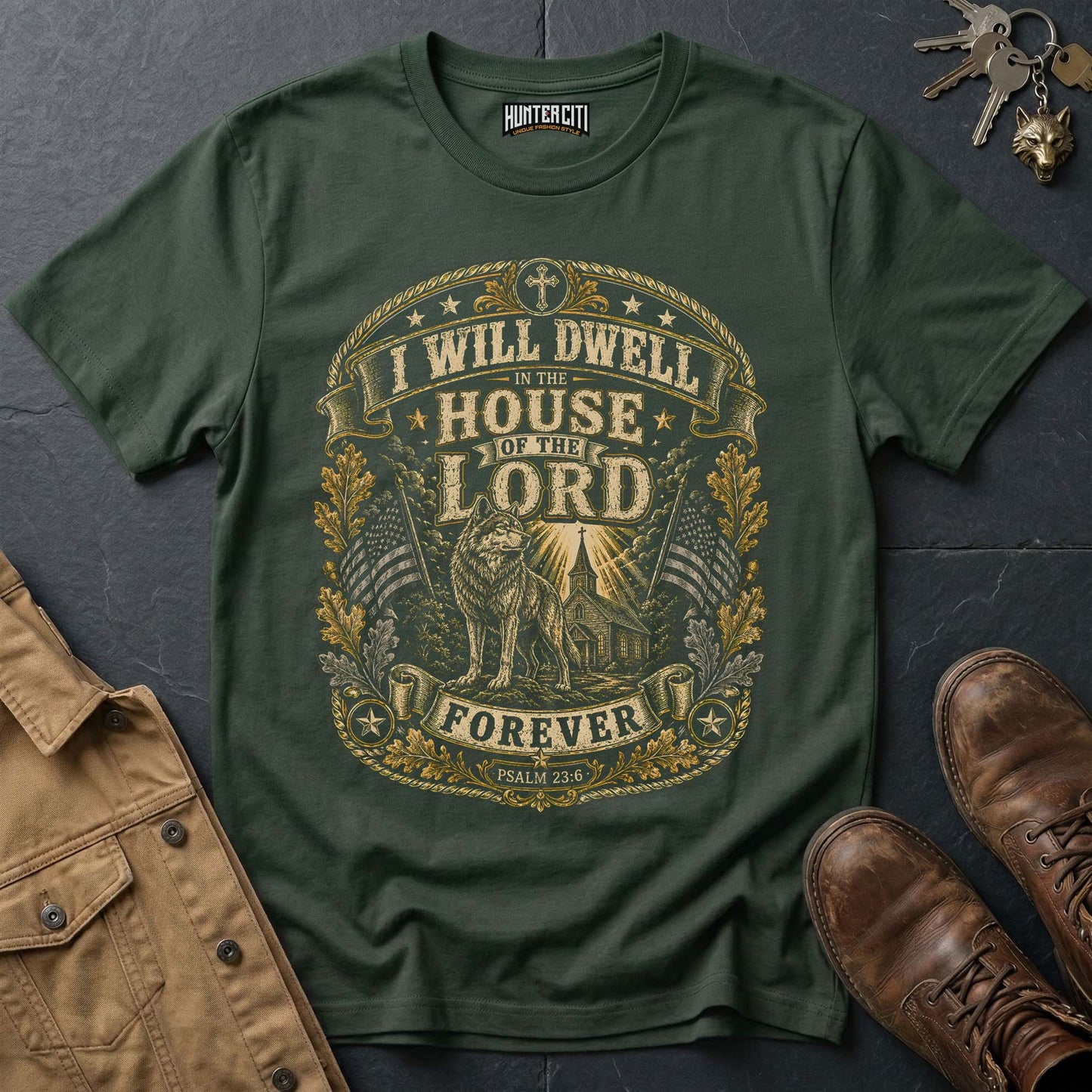 I Will Dwell in the House of the Lord Forever Wolf T-Shirt - Psalm 23:6 Christian Tee