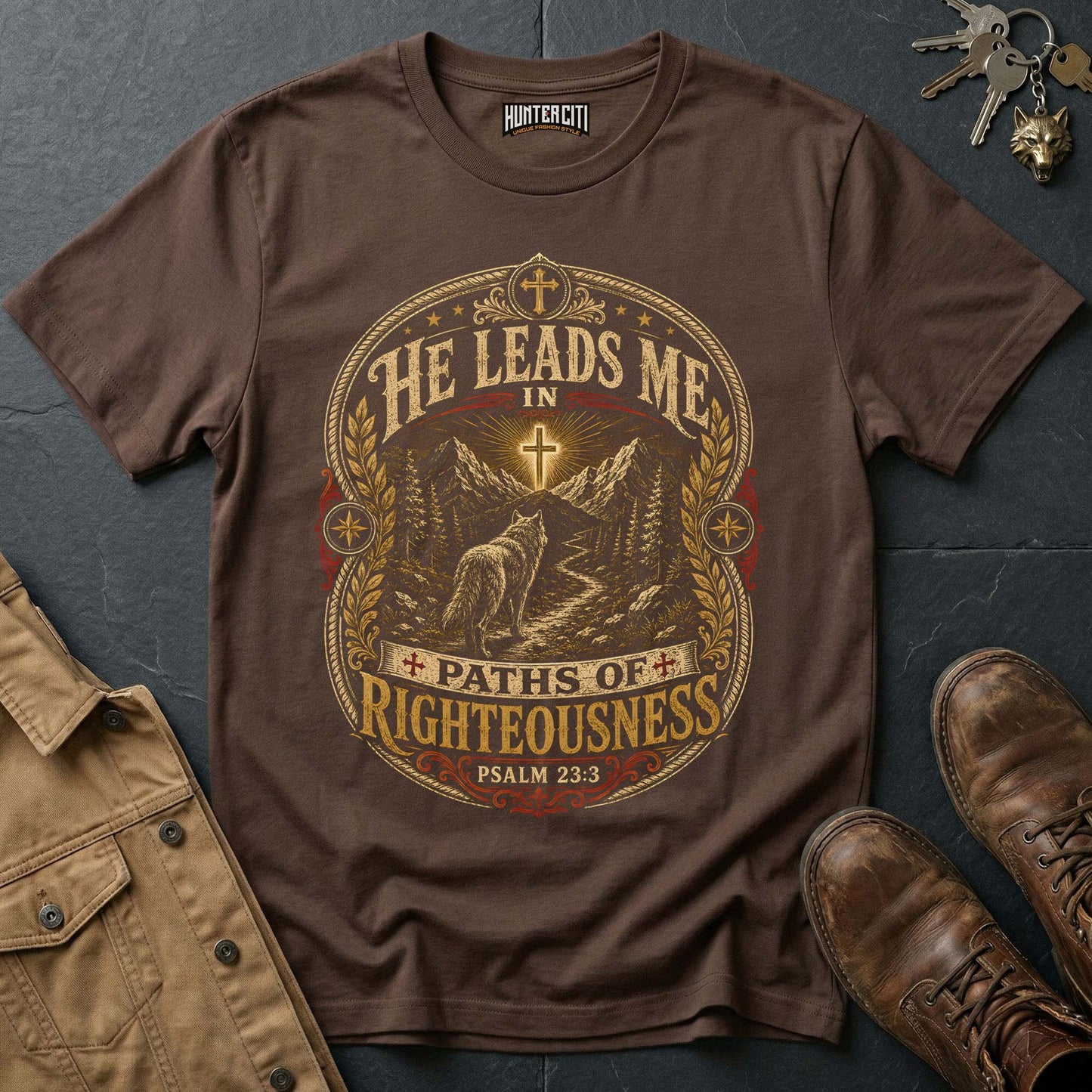 He Leads Me in Paths of Righteousness Wolf T-Shirt - Psalm 23:3 Christian Tee