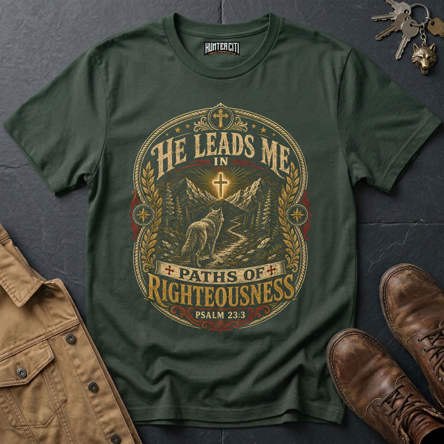 He Leads Me in Paths of Righteousness Wolf T-Shirt - Psalm 23:3 Christian Tee