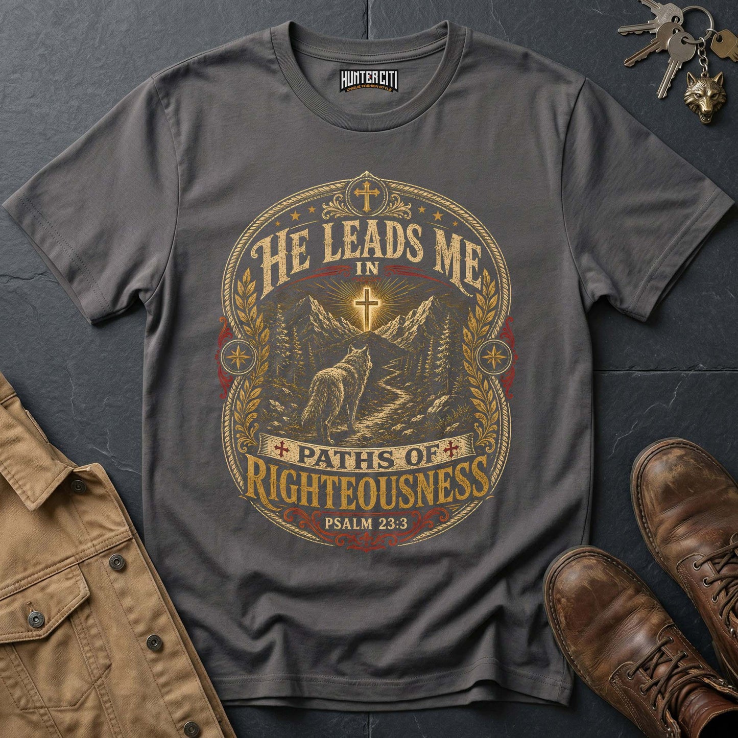 He Leads Me in Paths of Righteousness Wolf T-Shirt - Psalm 23:3 Christian Tee