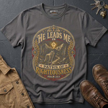 He Leads Me in Paths of Righteousness Wolf T-Shirt - Psalm 23:3 Christian Tee