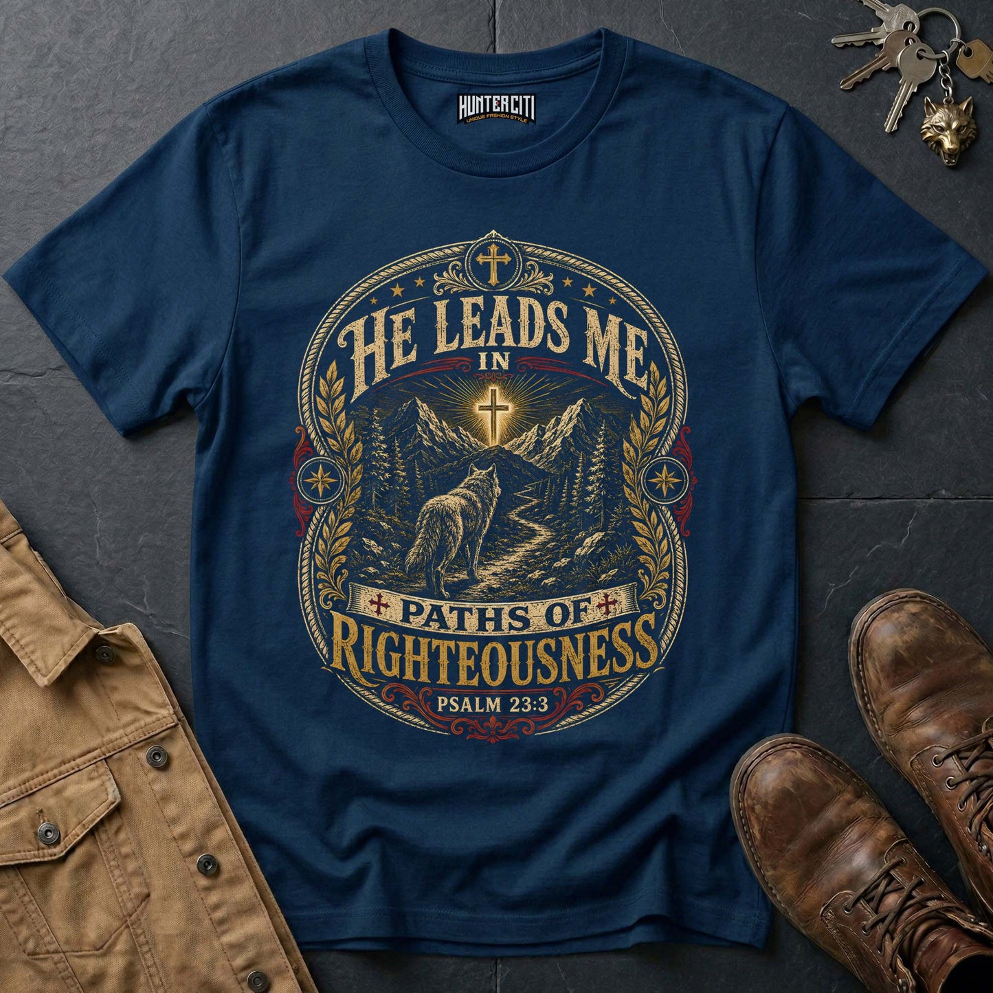 He Leads Me in Paths of Righteousness Wolf T-Shirt - Psalm 23:3 Christian Tee