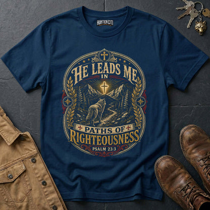 He Leads Me in Paths of Righteousness Wolf T-Shirt - Psalm 23:3 Christian Tee