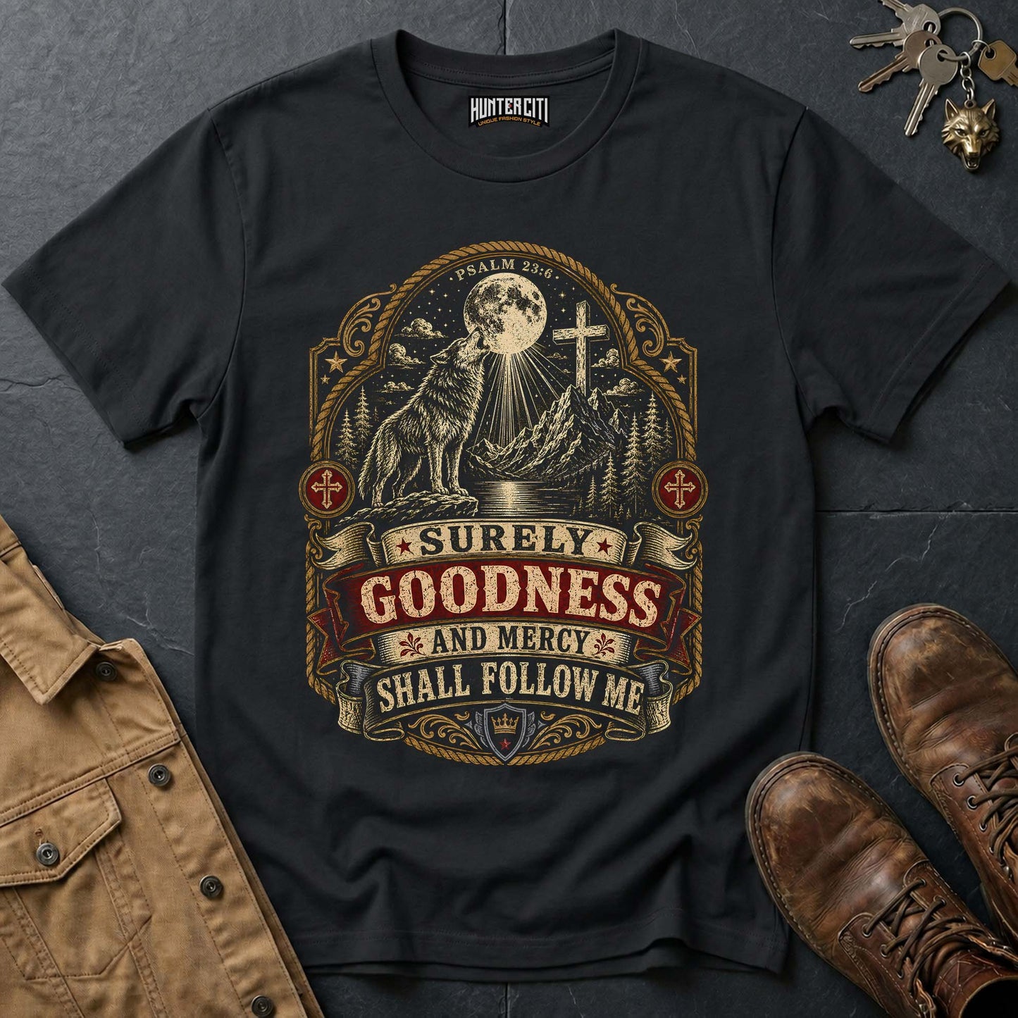 Surely Goodness and Mercy Shall Follow Me Wolf T-Shirt - Psalm 23:6 Christian Tee