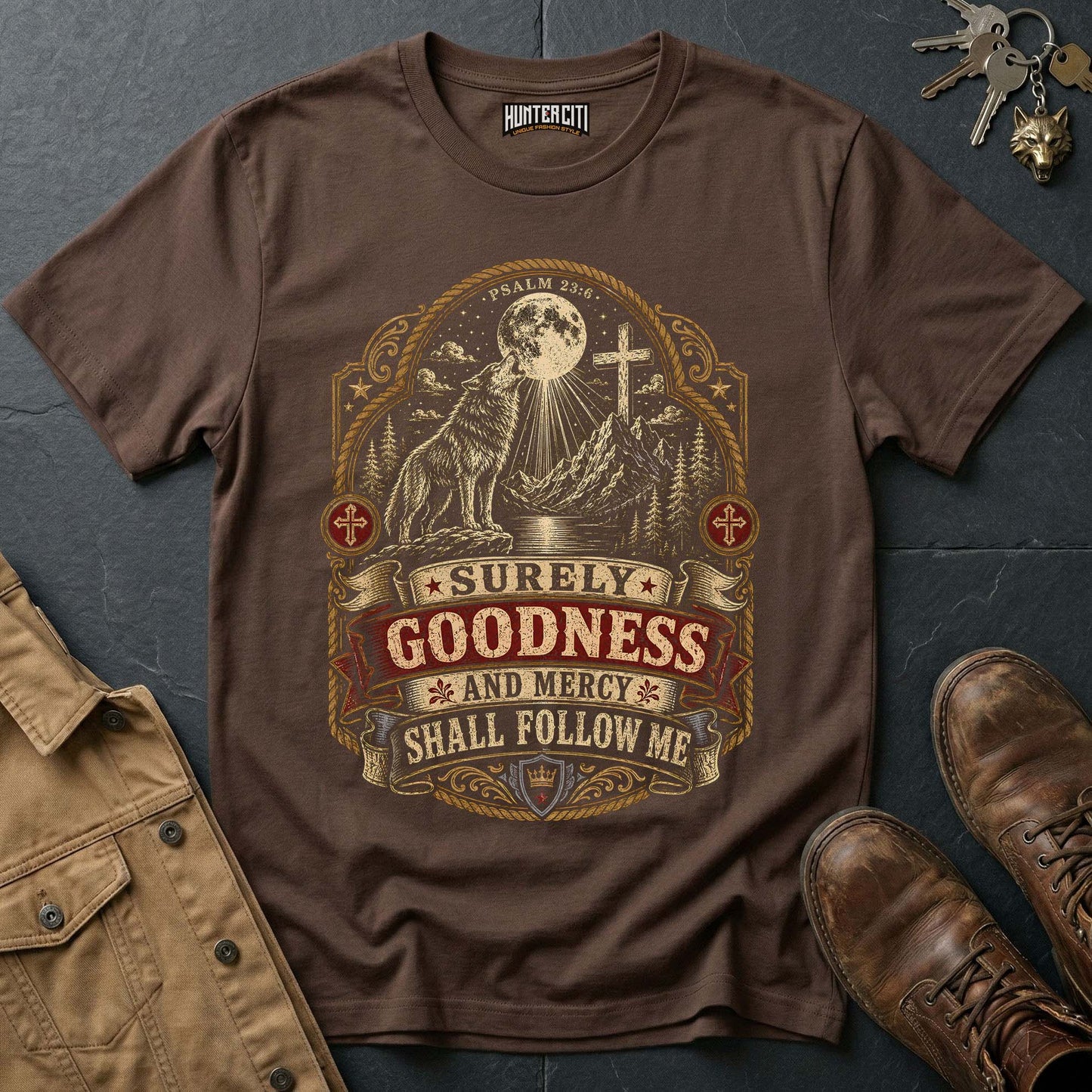 Surely Goodness and Mercy Shall Follow Me Wolf T-Shirt - Psalm 23:6 Christian Tee
