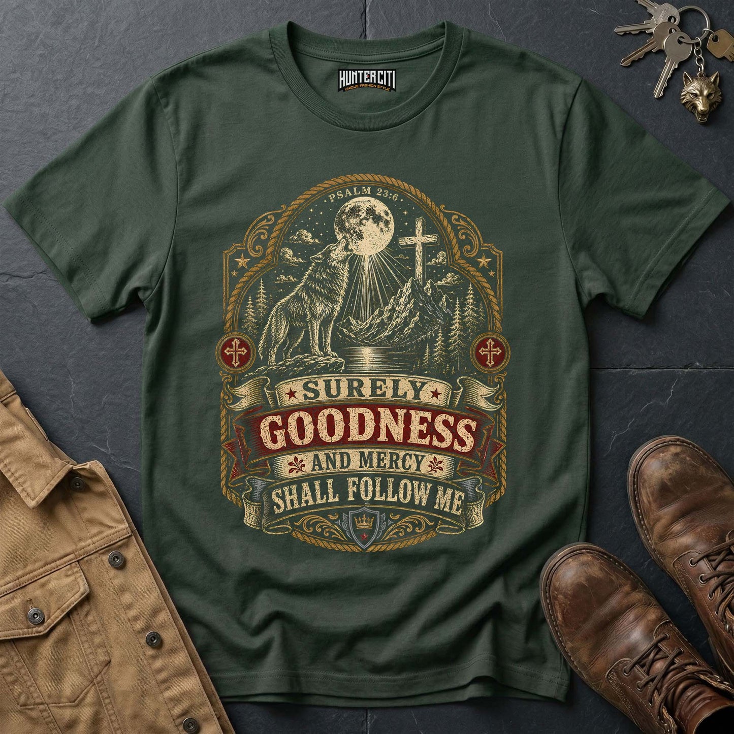 Surely Goodness and Mercy Shall Follow Me Wolf T-Shirt - Psalm 23:6 Christian Tee