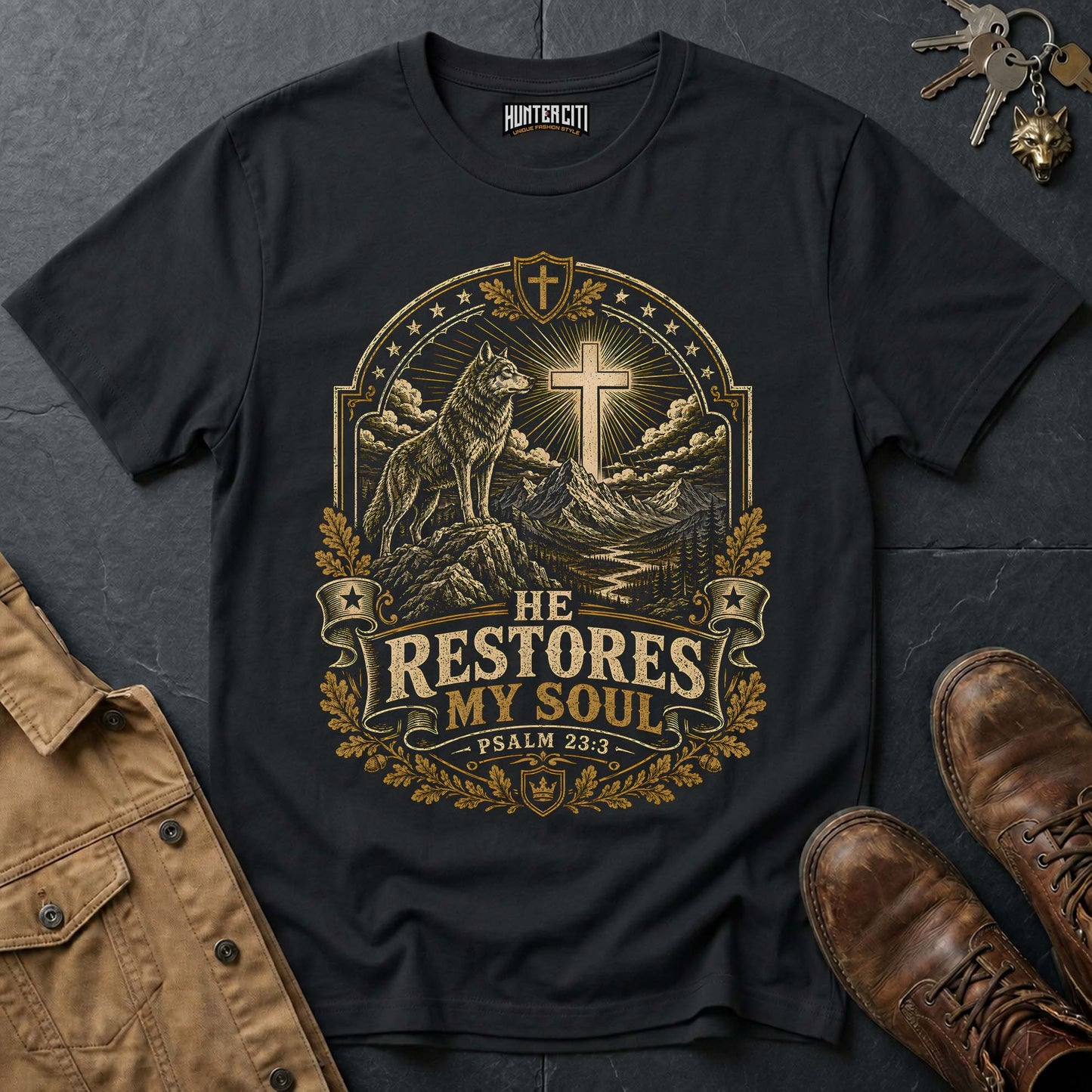He Restores My Soul Psalm 23:3 Wolf T-Shirt - Christian Wilderness Graphic Tee