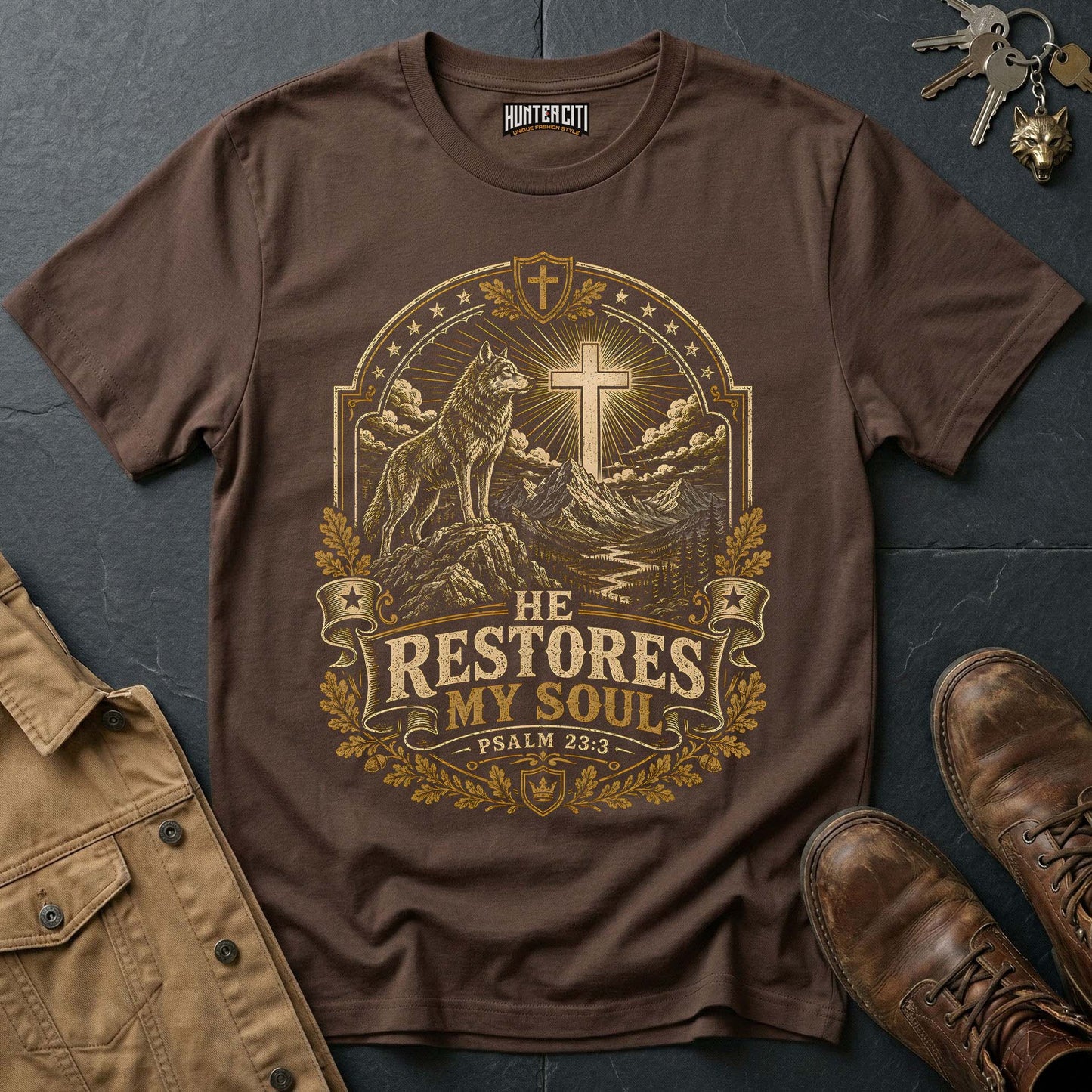 He Restores My Soul Psalm 23:3 Wolf T-Shirt - Christian Wilderness Graphic Tee