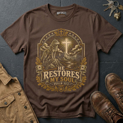 He Restores My Soul Psalm 23:3 Wolf T-Shirt - Christian Wilderness Graphic Tee