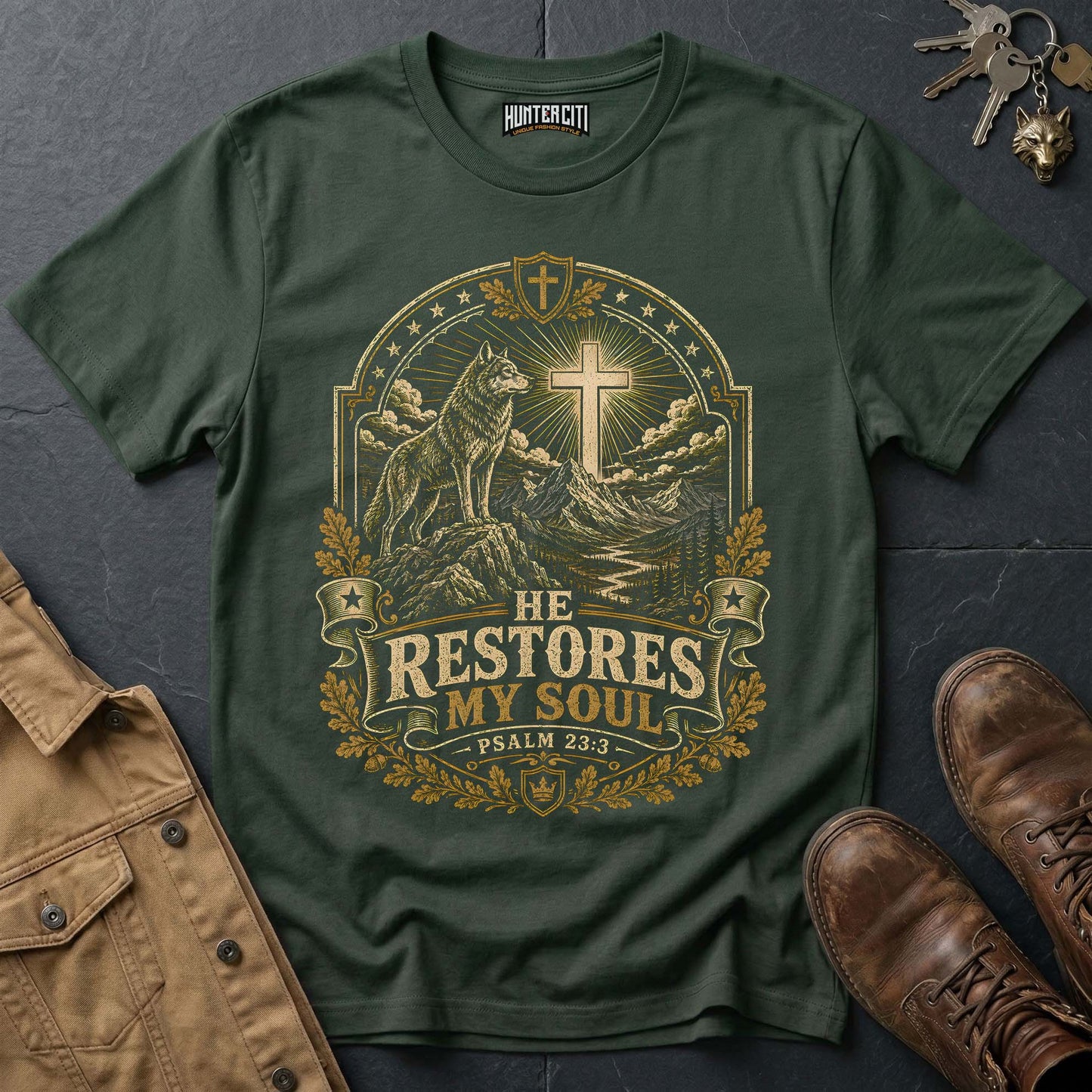 He Restores My Soul Psalm 23:3 Wolf T-Shirt - Christian Wilderness Graphic Tee