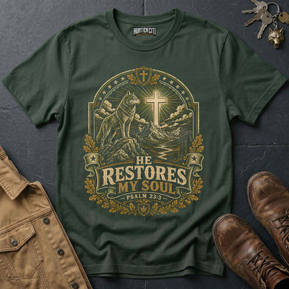 He Restores My Soul Psalm 23:3 Wolf T-Shirt - Christian Wilderness Graphic Tee