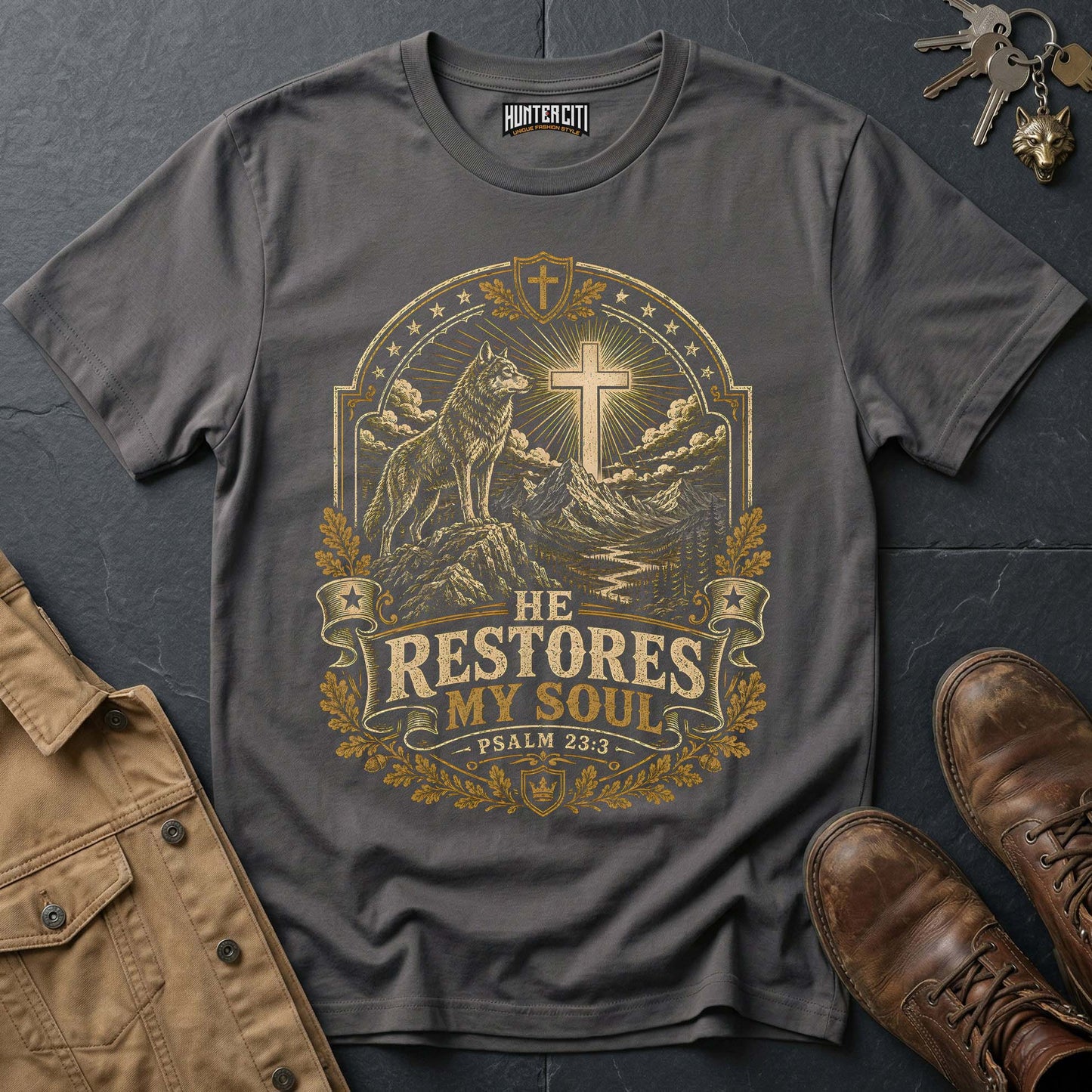 He Restores My Soul Psalm 23:3 Wolf T-Shirt - Christian Wilderness Graphic Tee