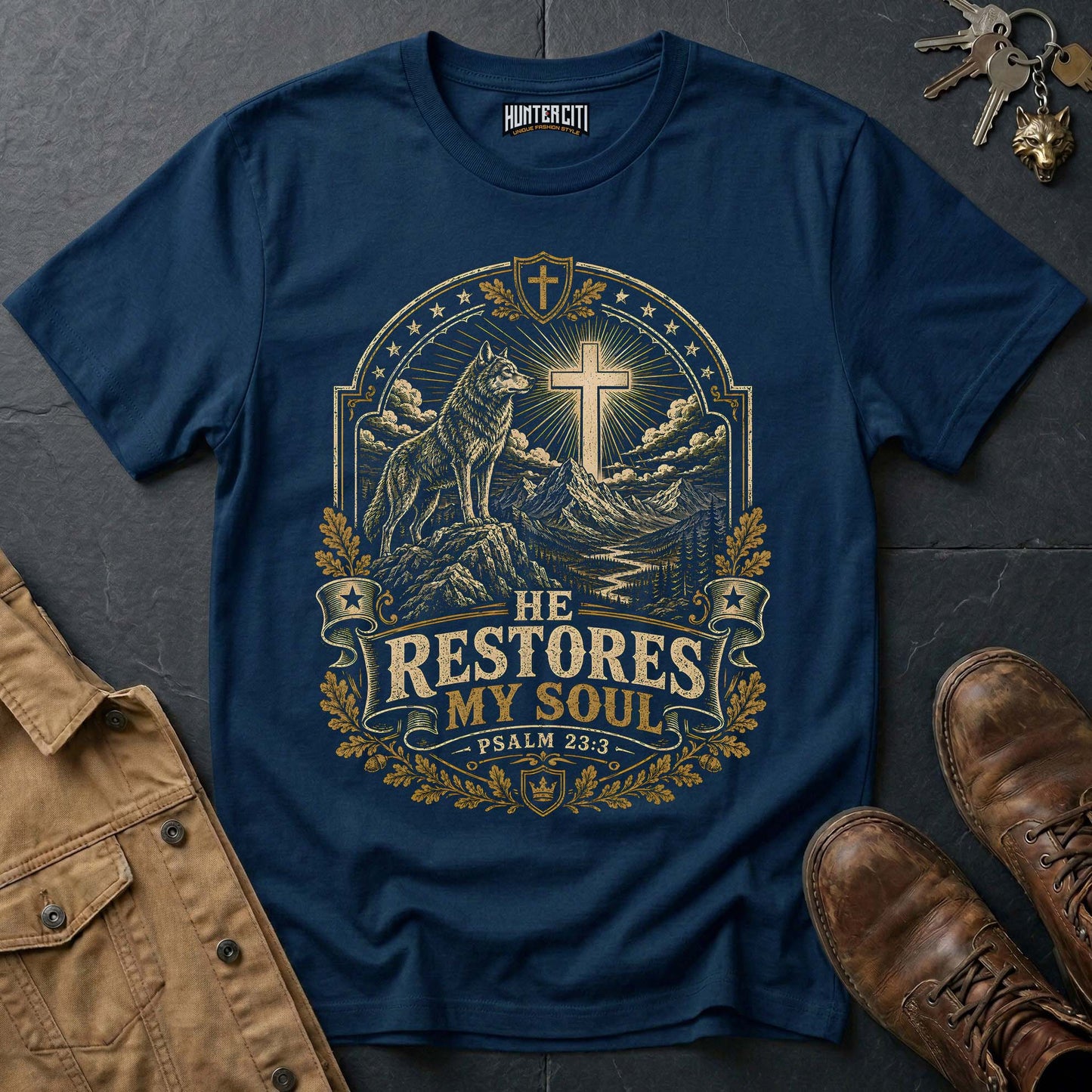 He Restores My Soul Psalm 23:3 Wolf T-Shirt - Christian Wilderness Graphic Tee