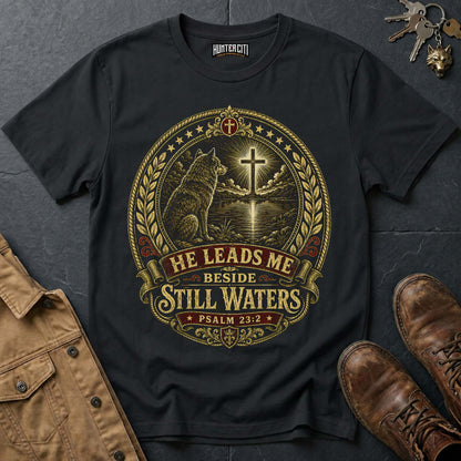 He Leads Me Beside Still Waters Wolf T-Shirt - Psalm 23:2 Christian Graphic Tee
