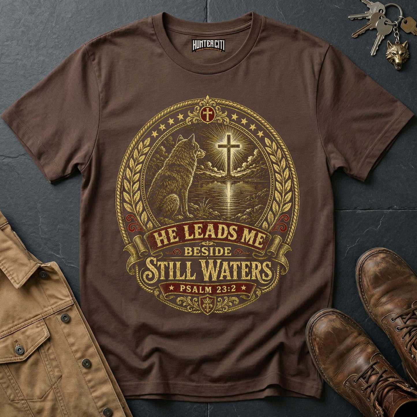 He Leads Me Beside Still Waters Wolf T-Shirt - Psalm 23:2 Christian Graphic Tee