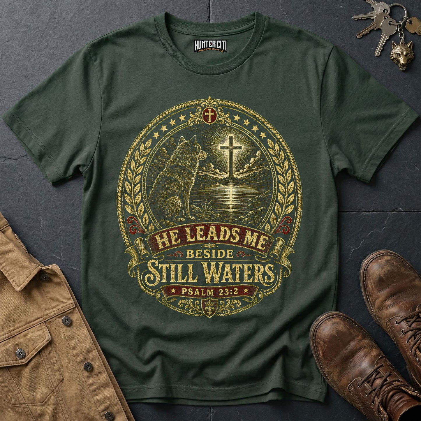 He Leads Me Beside Still Waters Wolf T-Shirt - Psalm 23:2 Christian Graphic Tee