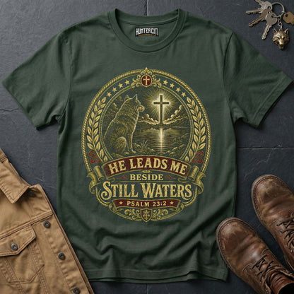 He Leads Me Beside Still Waters Wolf T-Shirt - Psalm 23:2 Christian Graphic Tee