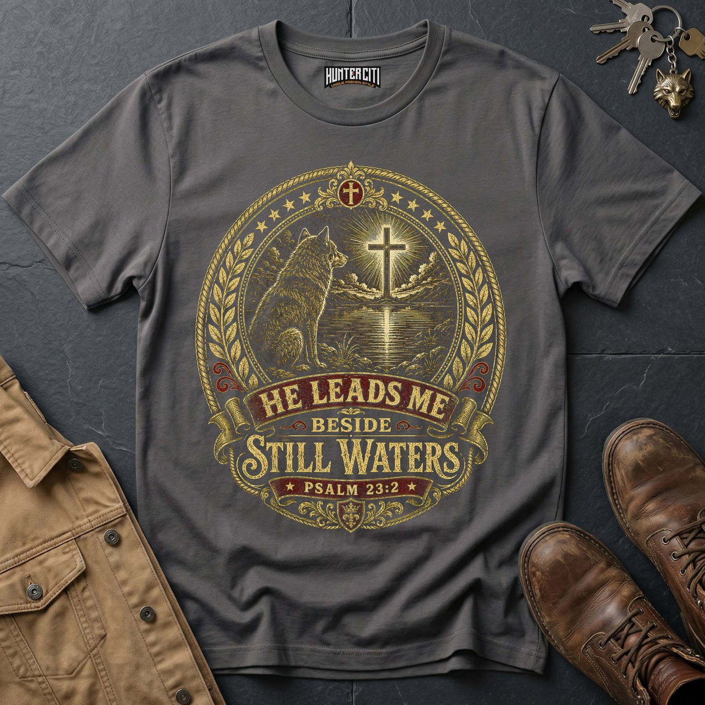 He Leads Me Beside Still Waters Wolf T-Shirt - Psalm 23:2 Christian Graphic Tee
