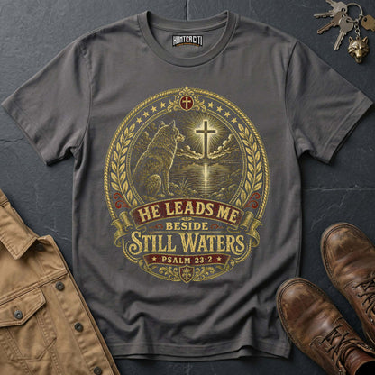 He Leads Me Beside Still Waters Wolf T-Shirt - Psalm 23:2 Christian Graphic Tee
