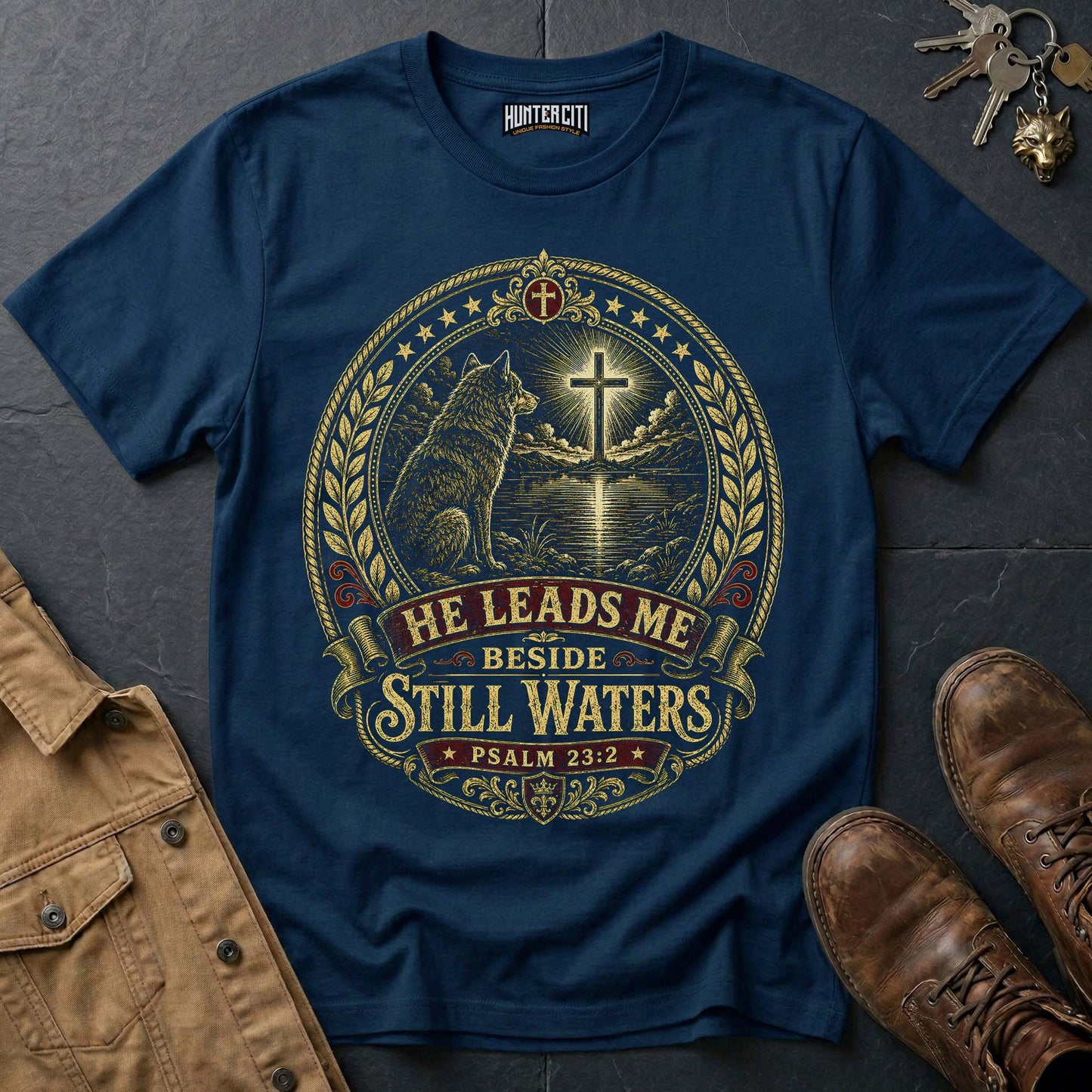 He Leads Me Beside Still Waters Wolf T-Shirt - Psalm 23:2 Christian Graphic Tee