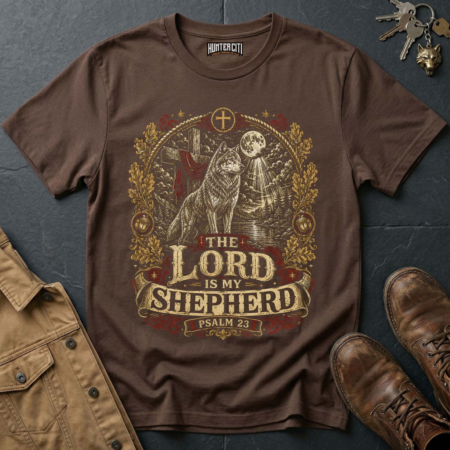 The Lord Is My Shepherd Psalm 23 Moonlit Wolf T-Shirt - Christian Graphic Tee