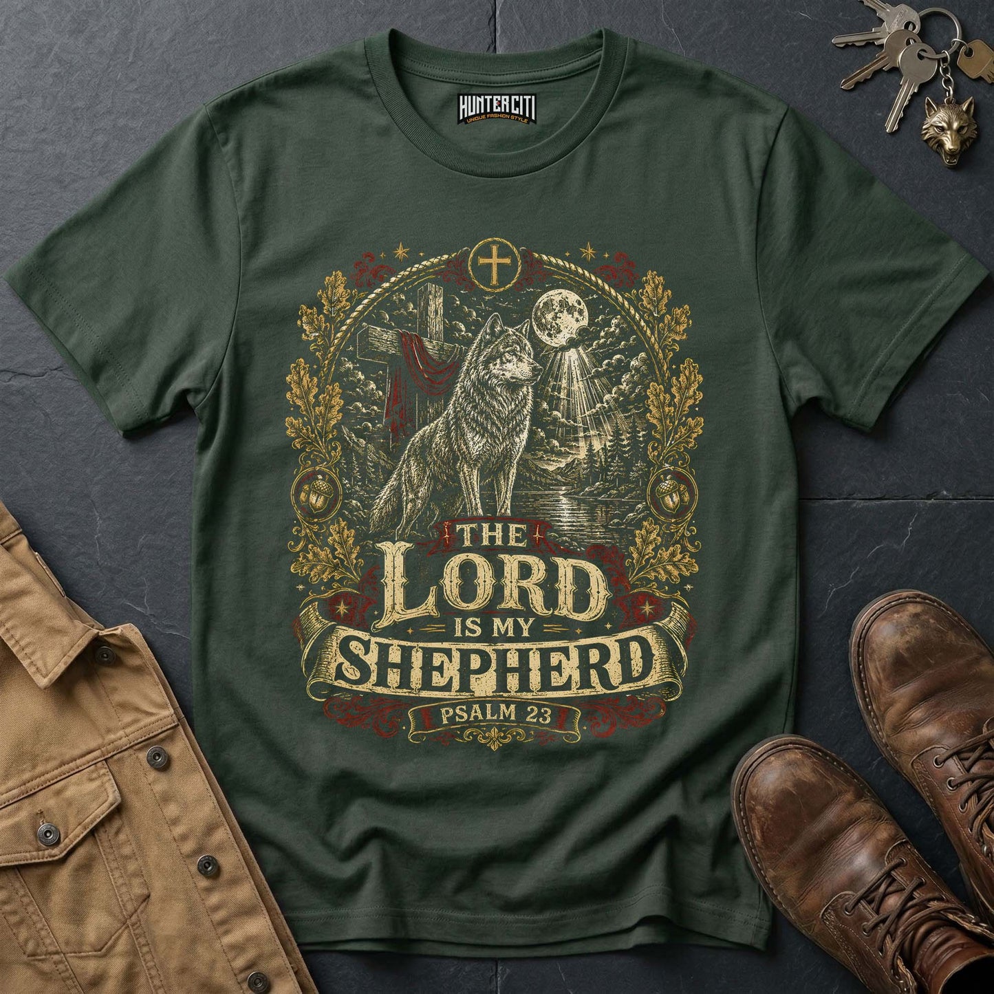 The Lord Is My Shepherd Psalm 23 Moonlit Wolf T-Shirt - Christian Graphic Tee