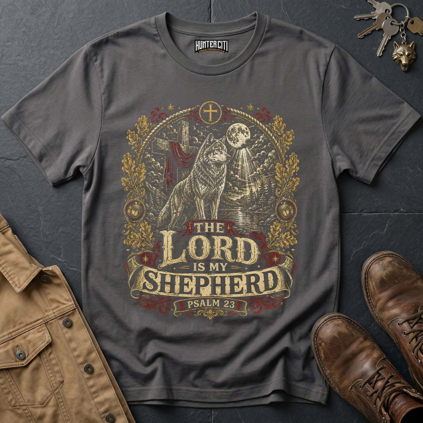 The Lord Is My Shepherd Psalm 23 Moonlit Wolf T-Shirt - Christian Graphic Tee