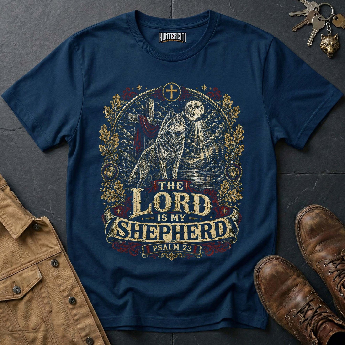 The Lord Is My Shepherd Psalm 23 Moonlit Wolf T-Shirt - Christian Graphic Tee