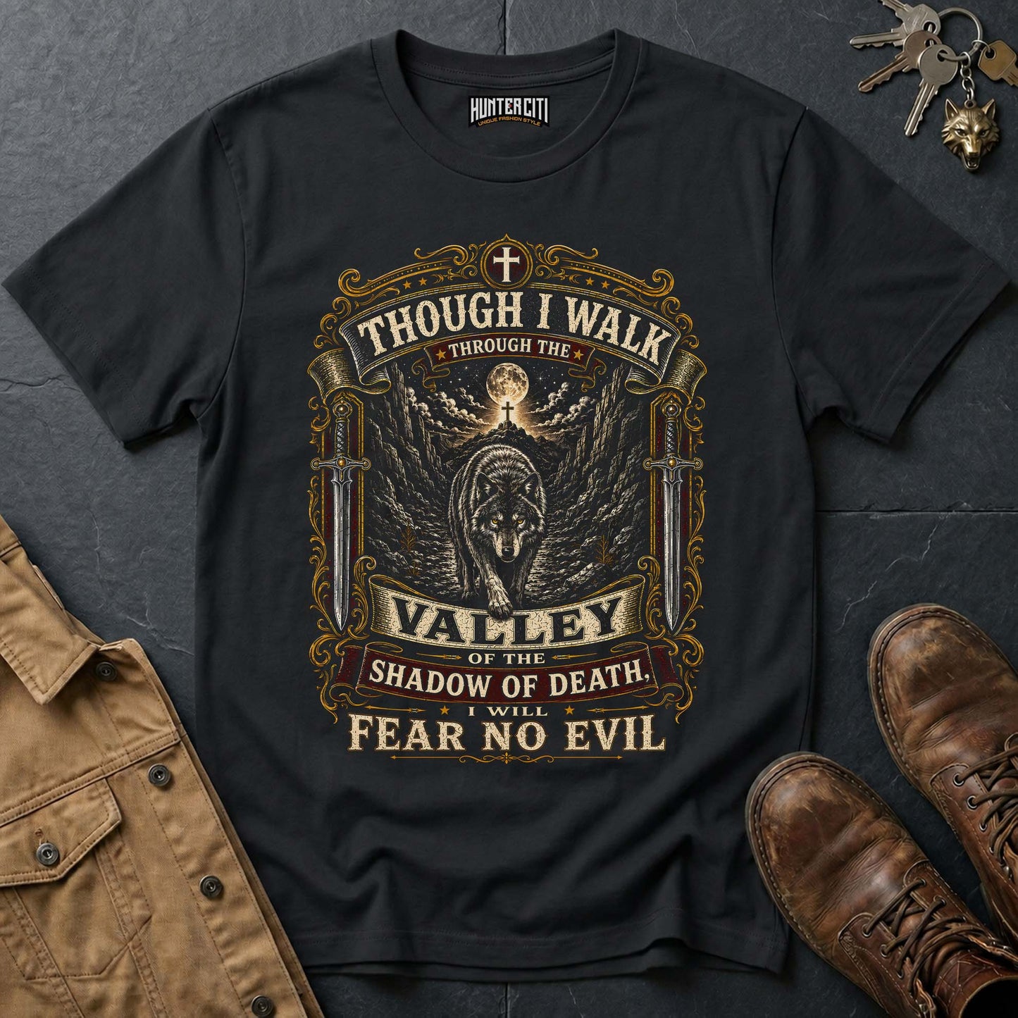 Though I Walk Through the Valley I Will Fear No Evil Wolf T-Shirt - Psalm 23:4 Tee