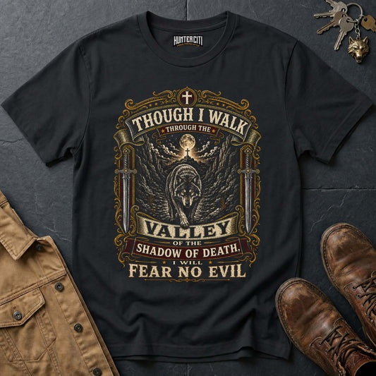Though I Walk Through the Valley I Will Fear No Evil Wolf T-Shirt - Psalm 23:4 Tee