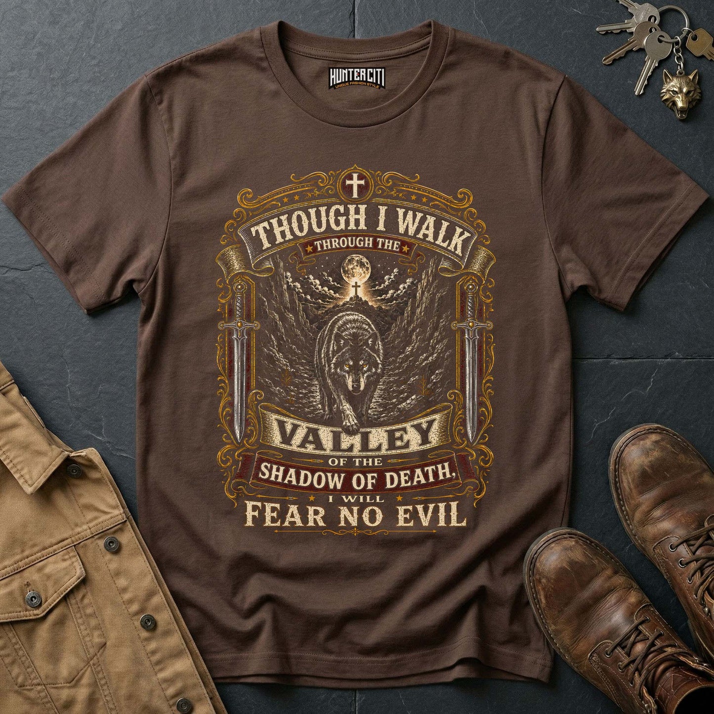 Though I Walk Through the Valley I Will Fear No Evil Wolf T-Shirt - Psalm 23:4 Tee
