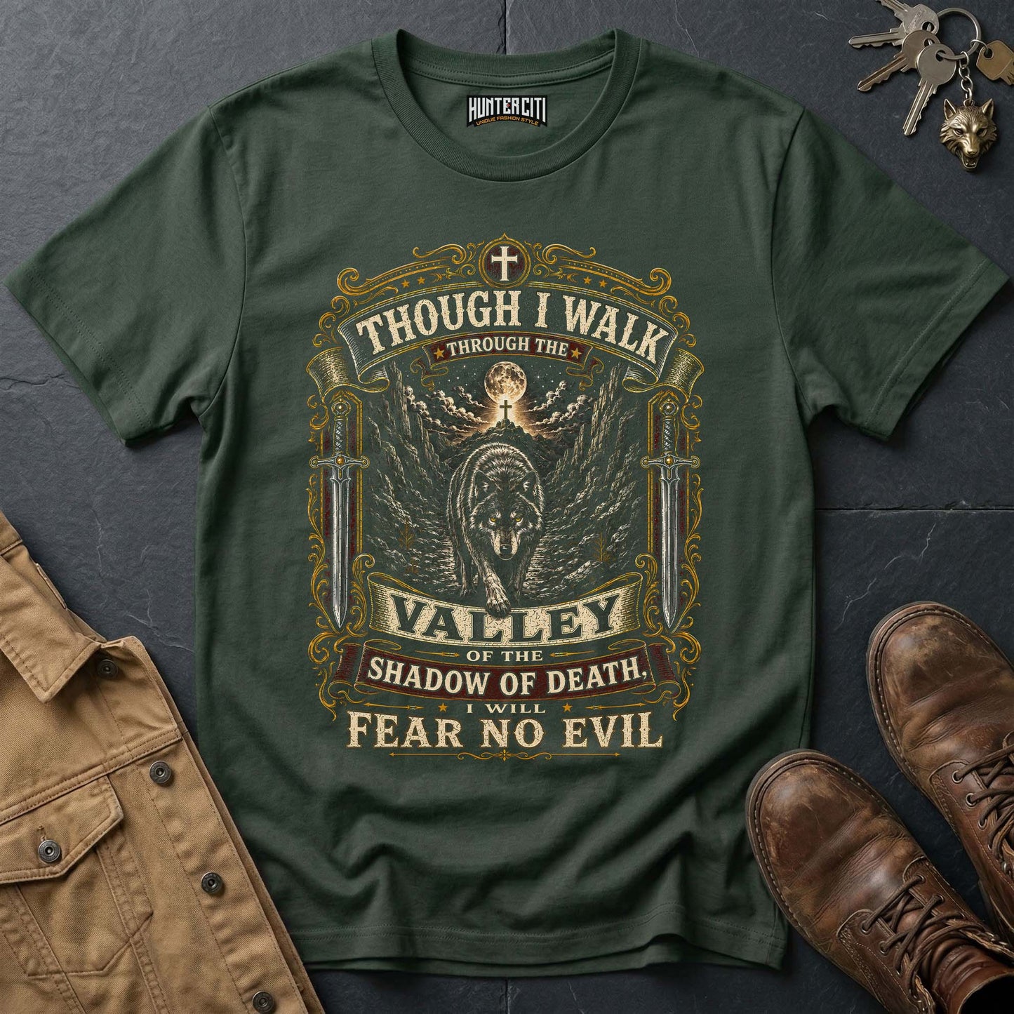 Though I Walk Through the Valley I Will Fear No Evil Wolf T-Shirt - Psalm 23:4 Tee