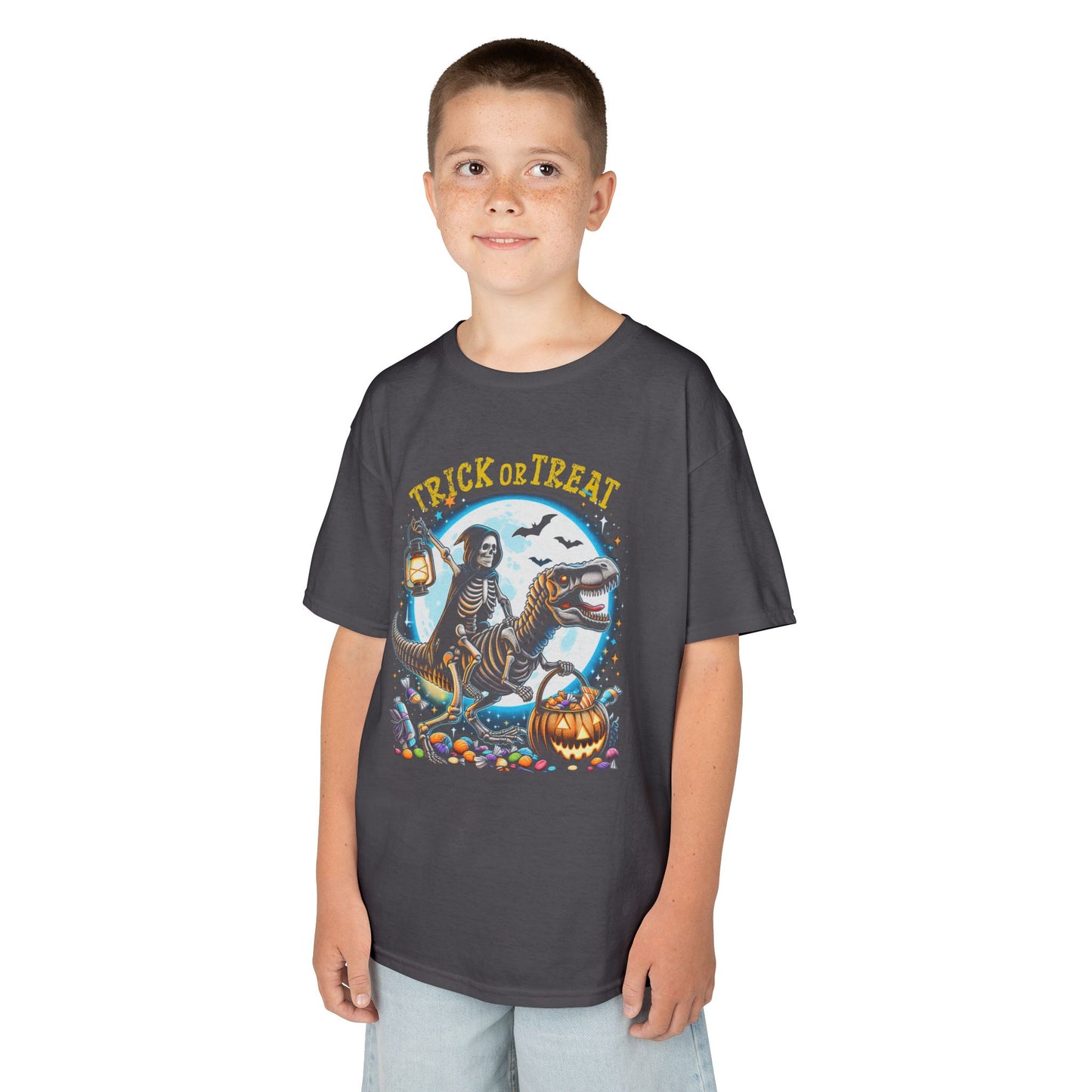 Skeleton Riding Mummy Dinosaur T Rex Halloween Funny Pumpkin Kids T-Shirt - Cute Dinosaur Skeleton Halloween Shirt for Boys & Girls