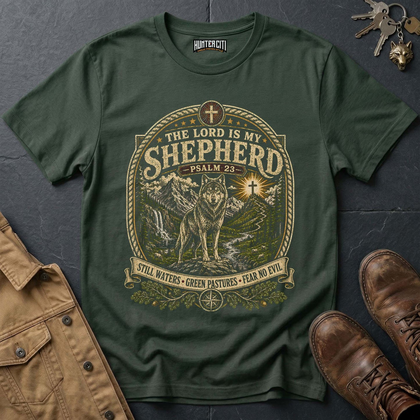 The Lord Is My Shepherd Still Waters Green Pastures Wolf T-Shirt - Psalm 23 Tee