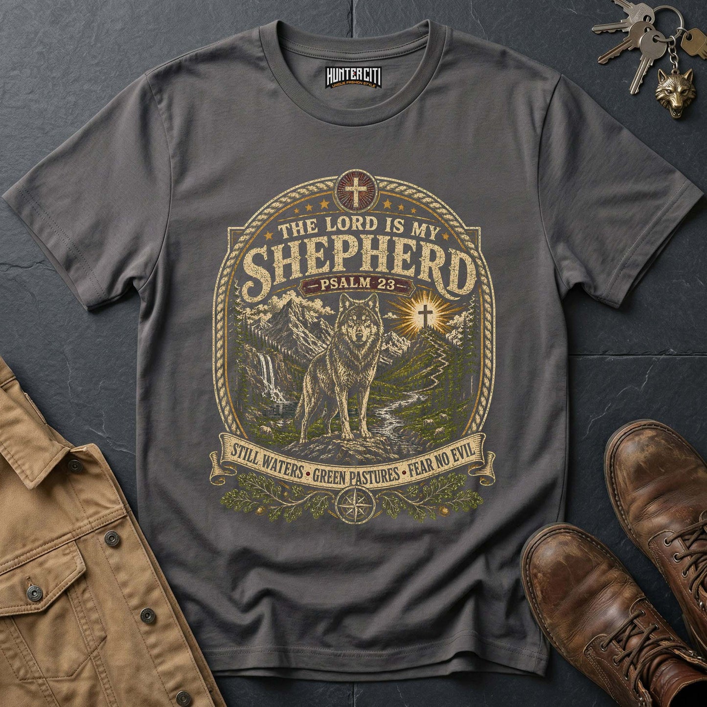 The Lord Is My Shepherd Still Waters Green Pastures Wolf T-Shirt - Psalm 23 Tee