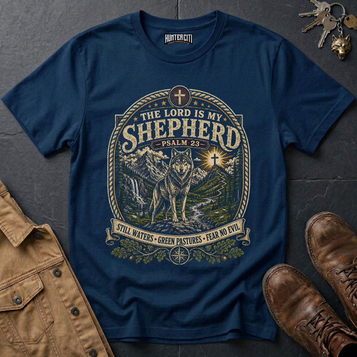 The Lord Is My Shepherd Still Waters Green Pastures Wolf T-Shirt - Psalm 23 Tee