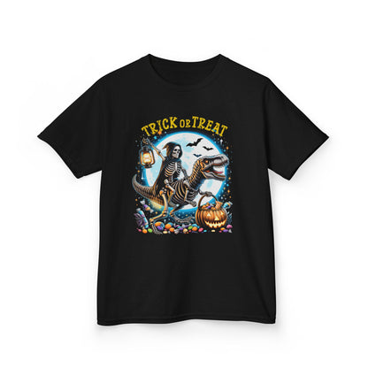 Skeleton Riding Mummy Dinosaur T Rex Halloween Funny Pumpkin Kids T-Shirt - Cute Dinosaur Skeleton Halloween Shirt for Boys & Girls