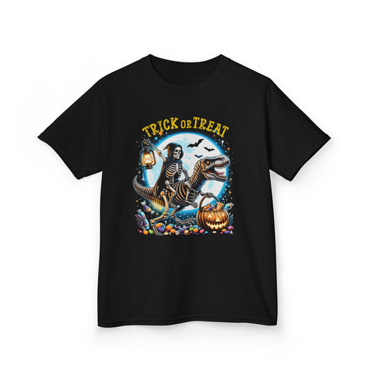 Skeleton Riding Mummy Dinosaur T Rex Halloween Funny Pumpkin Kids T-Shirt - Cute Dinosaur Skeleton Halloween Shirt for Boys & Girls