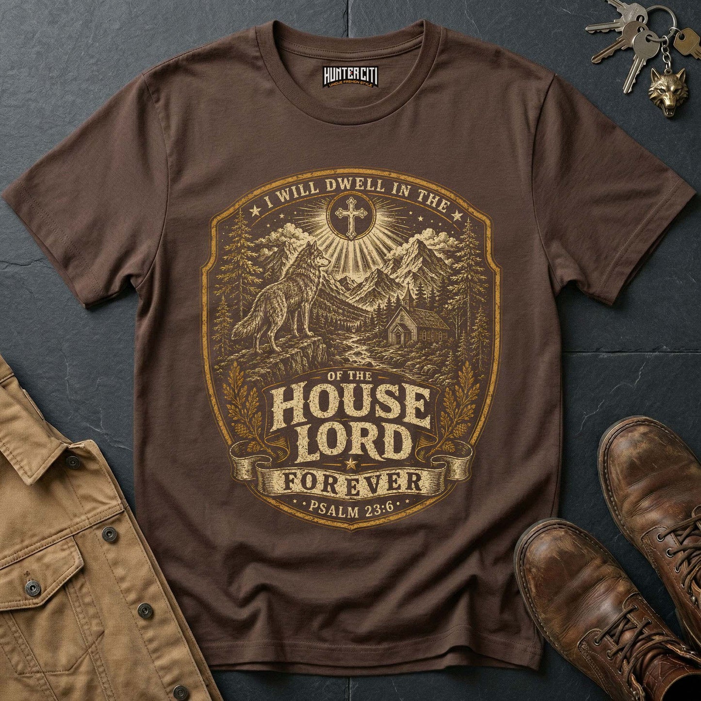 I Will Dwell in the House of the Lord Forever Landscape Wolf T-Shirt - Psalm 23:6 Tee