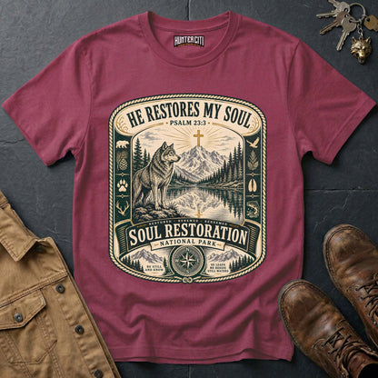 He Restores My Soul National Park Wolf T-Shirt - Psalm 23:3 Christian Tee