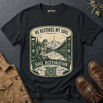 He Restores My Soul National Park Wolf T-Shirt - Psalm 23:3 Christian Tee