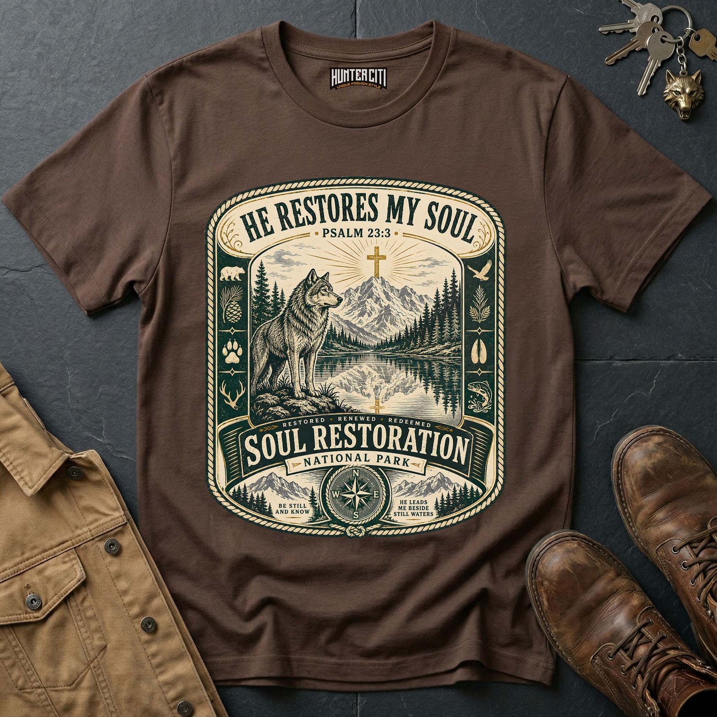 He Restores My Soul National Park Wolf T-Shirt - Psalm 23:3 Christian Tee