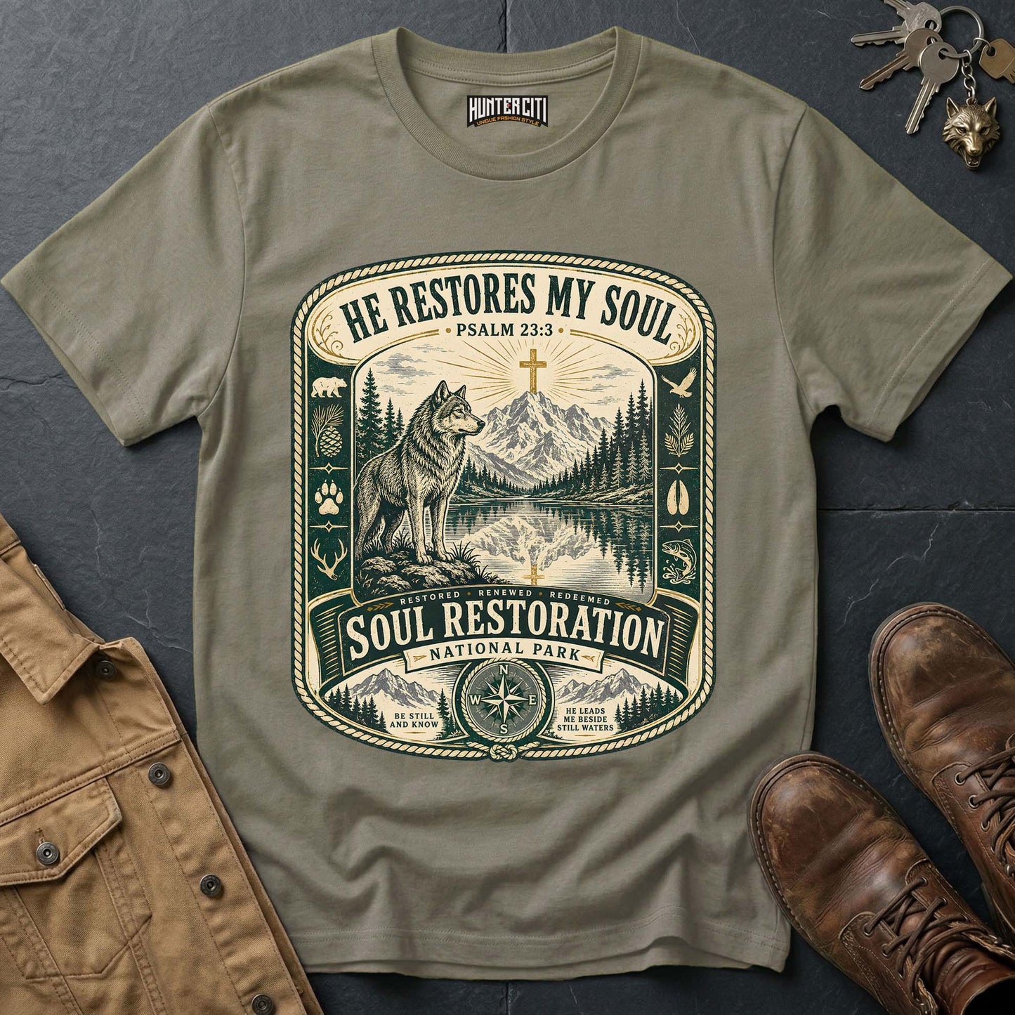 He Restores My Soul National Park Wolf T-Shirt - Psalm 23:3 Christian Tee