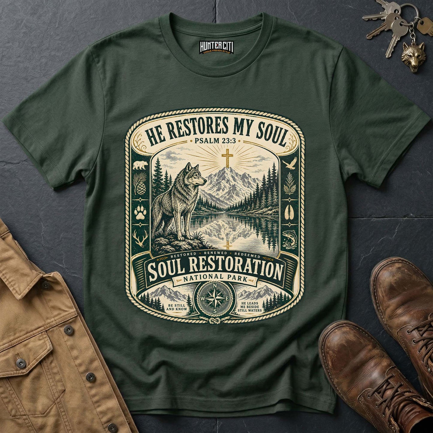 He Restores My Soul National Park Wolf T-Shirt - Psalm 23:3 Christian Tee